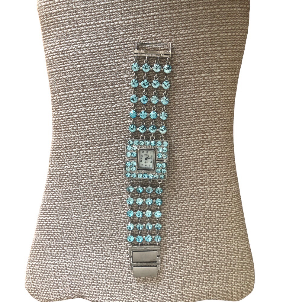 Bora Silver Quartz Watch Square Aquamarine Rhinestones Secure Clasp Gift Boxed - Picture 4 of 8